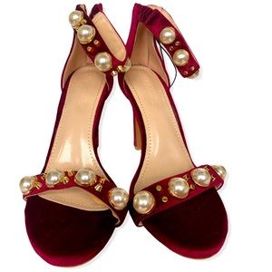Jacobies Velvet Burgundy Heels with Pearl Detail